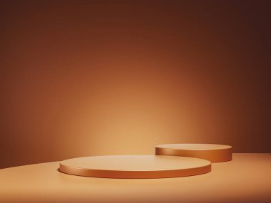Kahverengi arkaplanda kahverengi bir podyum. Lüks ürün yerleştirme modeli. Premium moda ve güzellik sahne şablonu.
