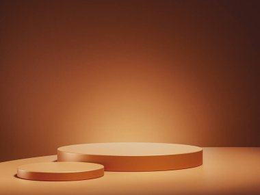 Kahverengi arkaplanda kahverengi bir podyum. Lüks ürün yerleştirme modeli. Premium moda ve güzellik sahne şablonu.