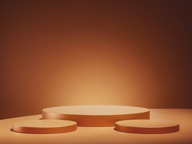 Kahverengi arkaplanda kahverengi bir podyum. Lüks ürün yerleştirme modeli. Premium moda ve güzellik sahne şablonu.