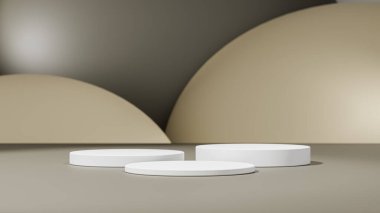 Soyut sahne arkaplanı. Kahverengi arka planda silindir podyum. Ürün sunumu, modelleme, kozmetik ürünü, podyum, sahne kaidesi veya platformu göster.