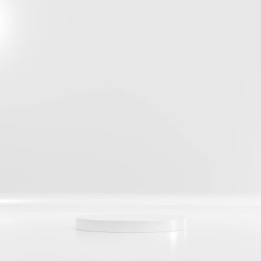 Boş podyum ya da beyaz arkaplanda silindir stand kavramına sahip kaide görüntüsü. Boş ürün rafı ayakta duruyor. 3B görüntüleme.