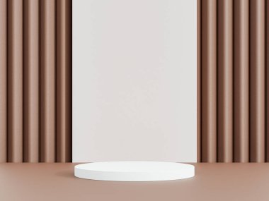 3D ürün beyaz, geometrik podyum platformlu minimal sahne. Podyumlu silindir arkaplan 3d. Kozmetik ürünleri anlamına geliyor. 3D Kahverengi Stüdyoda Sahne Gösterimi