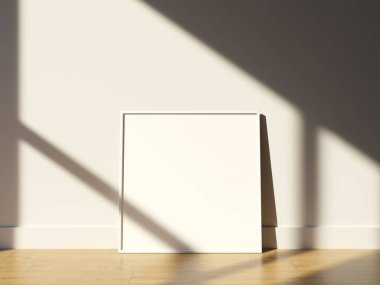 Pencere gölgesinde çerçeve modeliyle boş poster