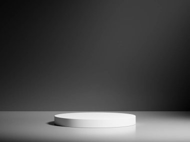 Yuvarlak siyah podyumlar koyu arkaplanda bir silindir oluşturuyorlar. Ürünlerinizi göstermek için mükemmel bir platform. Üç boyutlu resimleme