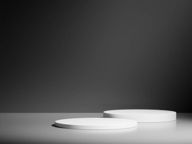 Yuvarlak siyah podyumlar koyu arkaplanda bir silindir oluşturuyorlar. Ürünlerinizi göstermek için mükemmel bir platform. Üç boyutlu resimleme