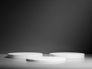 Yuvarlak siyah podyumlar koyu arkaplanda bir silindir oluşturuyorlar. Ürünlerinizi göstermek için mükemmel bir platform. Üç boyutlu resimleme