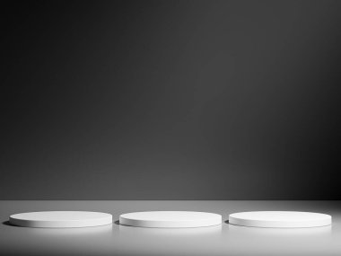 Yuvarlak siyah podyumlar koyu arkaplanda bir silindir oluşturuyorlar. Ürünlerinizi göstermek için mükemmel bir platform. Üç boyutlu resimleme