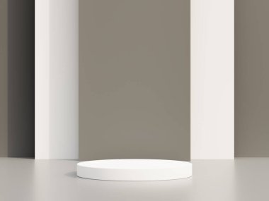 Boş podyum ya da gri arkaplanda silindir stand kavramına sahip kaidesel görüntü. Boş ürün ayakta duruyor. 3B görüntüleme.