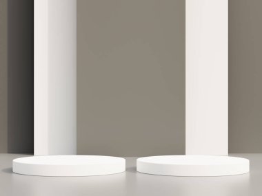 Boş podyum ya da gri arkaplanda silindir stand kavramına sahip kaidesel görüntü. Boş ürün ayakta duruyor. 3B görüntüleme.