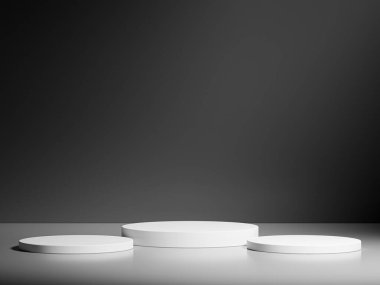 Yuvarlak siyah podyumlar koyu arkaplanda bir silindir oluşturuyorlar. Ürünlerinizi göstermek için mükemmel bir platform. Üç boyutlu resimleme