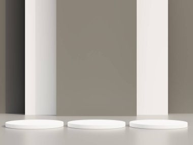 Boş podyum ya da gri arkaplanda silindir stand kavramına sahip kaidesel görüntü. Boş ürün ayakta duruyor. 3B görüntüleme.