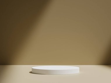 3D gerçekçi ürünler, kahverengi arkaplanda gölgeli ışıklandırma ile bej podyum ayakta kaidesi sergiler