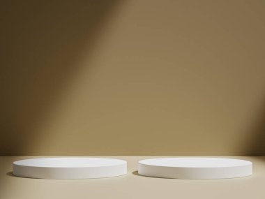 3D gerçekçi ürünler, kahverengi arkaplanda gölgeli ışıklandırma ile bej podyum ayakta kaidesi sergiler