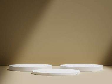 3D gerçekçi ürünler, kahverengi arkaplanda gölgeli ışıklandırma ile bej podyum ayakta kaidesi sergiler