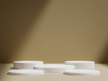 3D gerçekçi ürünler, kahverengi arkaplanda gölgeli ışıklandırma ile bej podyum ayakta kaidesi sergiler