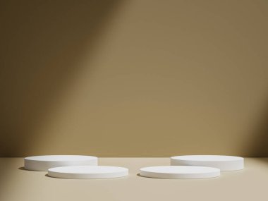3D gerçekçi ürünler, kahverengi arkaplanda gölgeli ışıklandırma ile bej podyum ayakta kaidesi sergiler