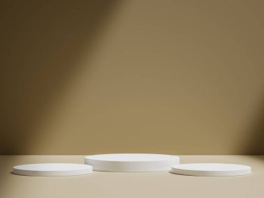 3D gerçekçi ürünler, kahverengi arkaplanda gölgeli ışıklandırma ile bej podyum ayakta kaidesi sergiler