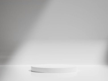 Boş beyaz yuvarlak podyum, modern kaide ve platform, sahne, silindir, boş sahneler ve ürün sunumu için 3D podyum şablonu.