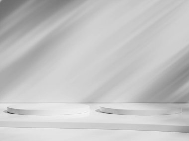 Boş beyaz yuvarlak podyum, modern kaide ve platform, sahne, silindir, yuvarlak boş sahneler minimum gölge ile