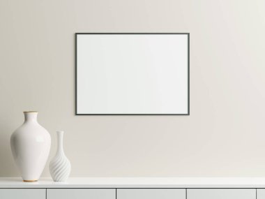 Beyaz duvardaki çerçeve modeli. Poster modeli. Temiz, modern, minimal çerçeve. İçerideki boş çerçeve, metin veya ürünü göster