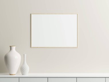 Beyaz duvardaki çerçeve modeli. Poster modeli. Temiz, modern, minimal çerçeve. İçerideki boş çerçeve, metin veya ürünü göster