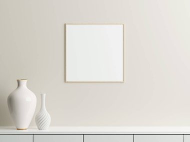 Beyaz duvardaki çerçeve modeli. Poster modeli. Temiz, modern, minimal çerçeve. İçerideki boş çerçeve, metin veya ürünü göster
