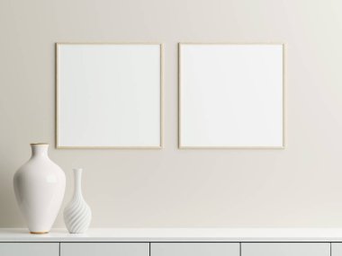 Beyaz duvardaki çerçeve modeli. Poster modeli. Temiz, modern, minimal çerçeve. İçerideki boş çerçeve, metin veya ürünü göster