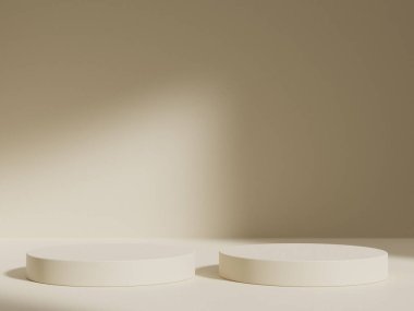 Geometrik podyum platformlu 3D ürün kahverengi minimal sahne. Podyumlu silindir arkaplan 3d. Kozmetik ürünleri anlamına geliyor. 3D Kahverengi Stüdyoda Sahne Gösterimi