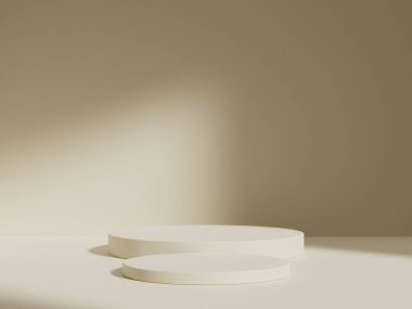 Geometrik podyum platformlu 3D ürün kahverengi minimal sahne. Podyumlu silindir arkaplan 3d. Kozmetik ürünleri anlamına geliyor. 3D Kahverengi Stüdyoda Sahne Gösterimi