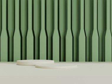 Yeşil zemin üzerinde gerçekçi boş ürün podyumu seti.