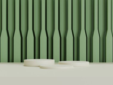 Yeşil zemin üzerinde gerçekçi boş ürün podyumu seti.