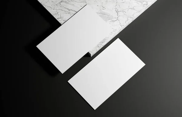 Business card on marble and black background. 3d rendering.