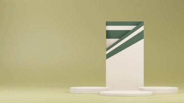 Ürün gösterisi için en az kahverengi podyum. Silindir kaideyi şekillendirir. Kahverengi arka plan görüntüsü. Boş sahne. 3d oluşturma.