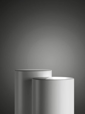 Ürün ekran platformu ile basit, boş, minimal siyah metal arka plan. Daire şeklinde kürsü kaidesi olan boş bir stüdyo. 3B görüntüleme