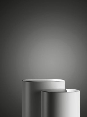 Ürün ekran platformu ile basit, boş, minimal siyah metal arka plan. Daire şeklinde kürsü kaidesi olan boş bir stüdyo. 3B görüntüleme