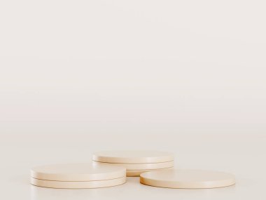 Geometrik podyum platformlu 3D ürün kahverengi minimal sahne. Podyumlu silindir arkaplan 3d. Kozmetik ürünleri anlamına geliyor. 3D Kahverengi Stüdyoda Sahne Gösterimi
