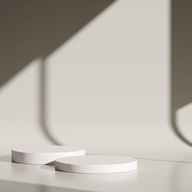 Ürün markalaştırma ve paketleme sunumu için kozmetik açık kahverengi arka plan minimal ve premium podyum görüntüleme. Pencere arkası gölgeli stüdyo sahnesi. 3B illüstrasyon tasarımı