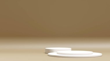 Geometrik podyum platformlu 3D ürün kahverengi minimal sahne. Podyumlu silindir arkaplan 3d. Kozmetik ürünleri anlamına geliyor. 3D Kahverengi Stüdyoda Sahne Gösterimi