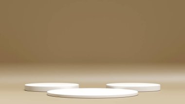 Geometrik podyum platformlu 3D ürün kahverengi minimal sahne. Podyumlu silindir arkaplan 3d. Kozmetik ürünleri anlamına geliyor. 3D Kahverengi Stüdyoda Sahne Gösterimi