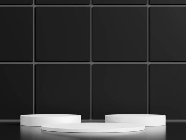 Ürün ekran platformu ile basit bir boş lüks siyah gradyan. Siyah arka planda beyaz podyum kaidesi olan boş bir stüdyo. 3B görüntüleme