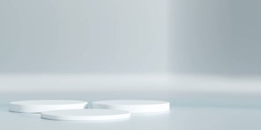 Geometrik podyum platformlu 3D ürün minimal görüntüsü. Podyumlu silindir arkaplan 3d. Kozmetik ürünleri anlamına geliyor. 3D stüdyosundaki sahne gösterisi.