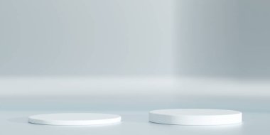 Geometrik podyum platformlu 3D ürün minimal görüntüsü. Podyumlu silindir arkaplan 3d. Kozmetik ürünleri anlamına geliyor. 3D stüdyosundaki sahne gösterisi.