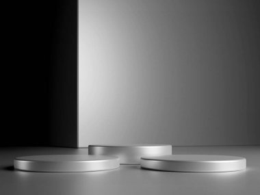 Gümüş zemin üzerinde 3D asgari gümüş podyum ürün sunumu