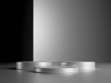 Gümüş zemin üzerinde 3D asgari gümüş podyum ürün sunumu