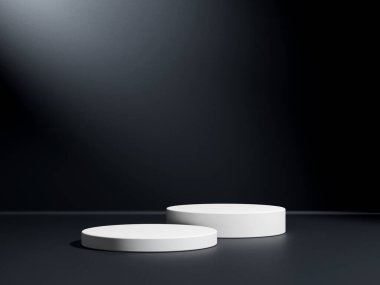 Beyaz podyum ya da platformlu koyu arkaplanda kaidesel ekran. Boş ürün rafı ayakta duruyor.