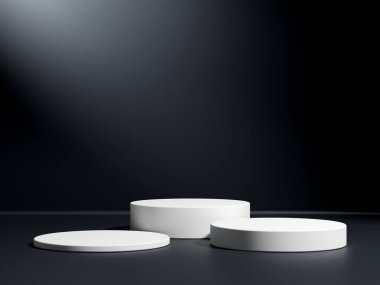 Beyaz podyum ya da platformlu koyu arkaplanda kaidesel ekran. Boş ürün rafı ayakta duruyor.