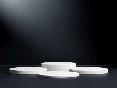 Beyaz podyum ya da platformlu koyu arkaplanda kaidesel ekran. Boş ürün rafı ayakta duruyor.