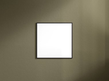 Koyu kahverengi duvarda çerçevesi olan boş bir poster.