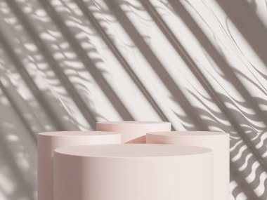 3D ürün bej, geometrik podyum platformlu minimal sahne. Podyumlu silindir arkaplan 3d. Kozmetik ürünleri anlamına gelir.