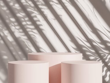 3D ürün bej, geometrik podyum platformlu minimal sahne. Podyumlu silindir arkaplan 3d. Kozmetik ürünleri anlamına gelir.